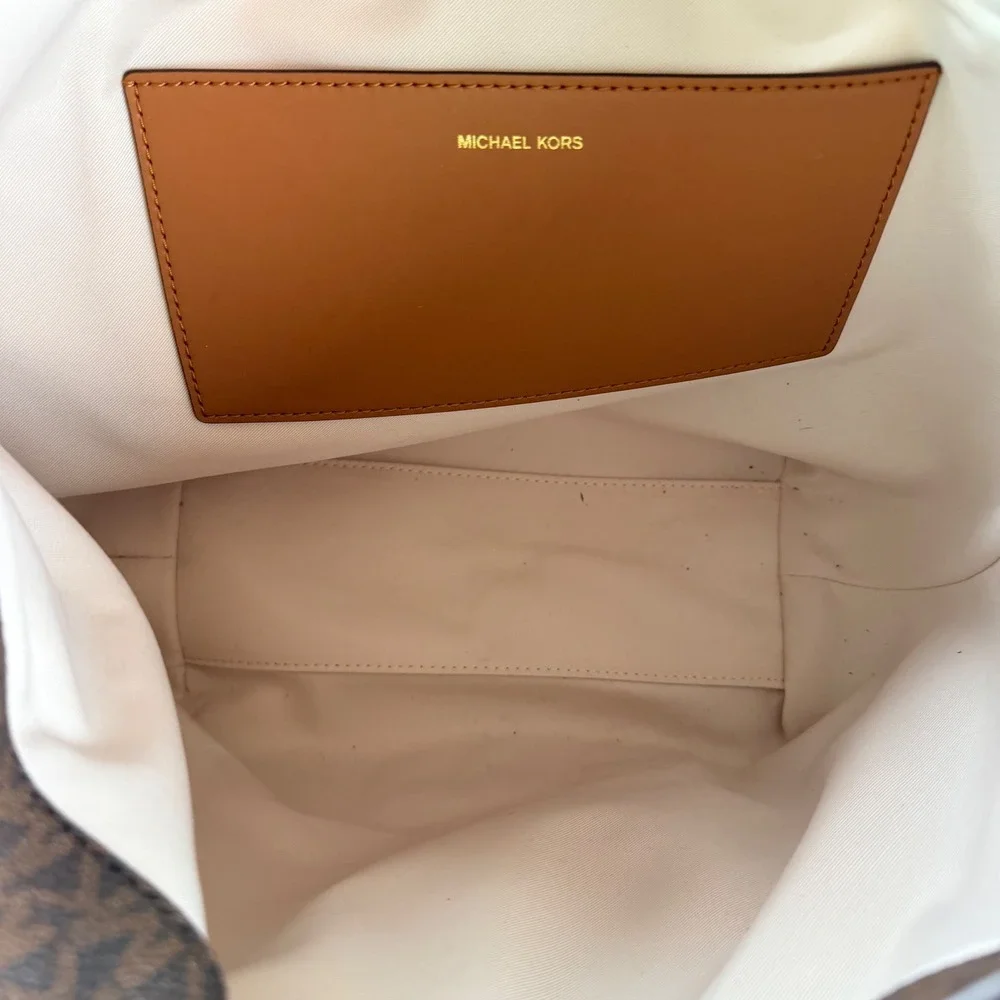 Michael Kors Addie Large Hobo Bag Brown Signature Logo Leather Trim Gold